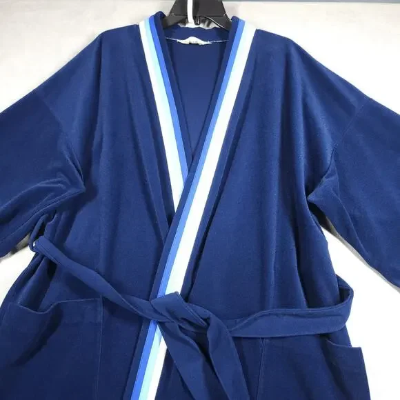 VTG Vanity Fair For Him Mens L-XL Robe Navy Blue Velour Calf Length Tie Belt USA - Picture 2 of 13